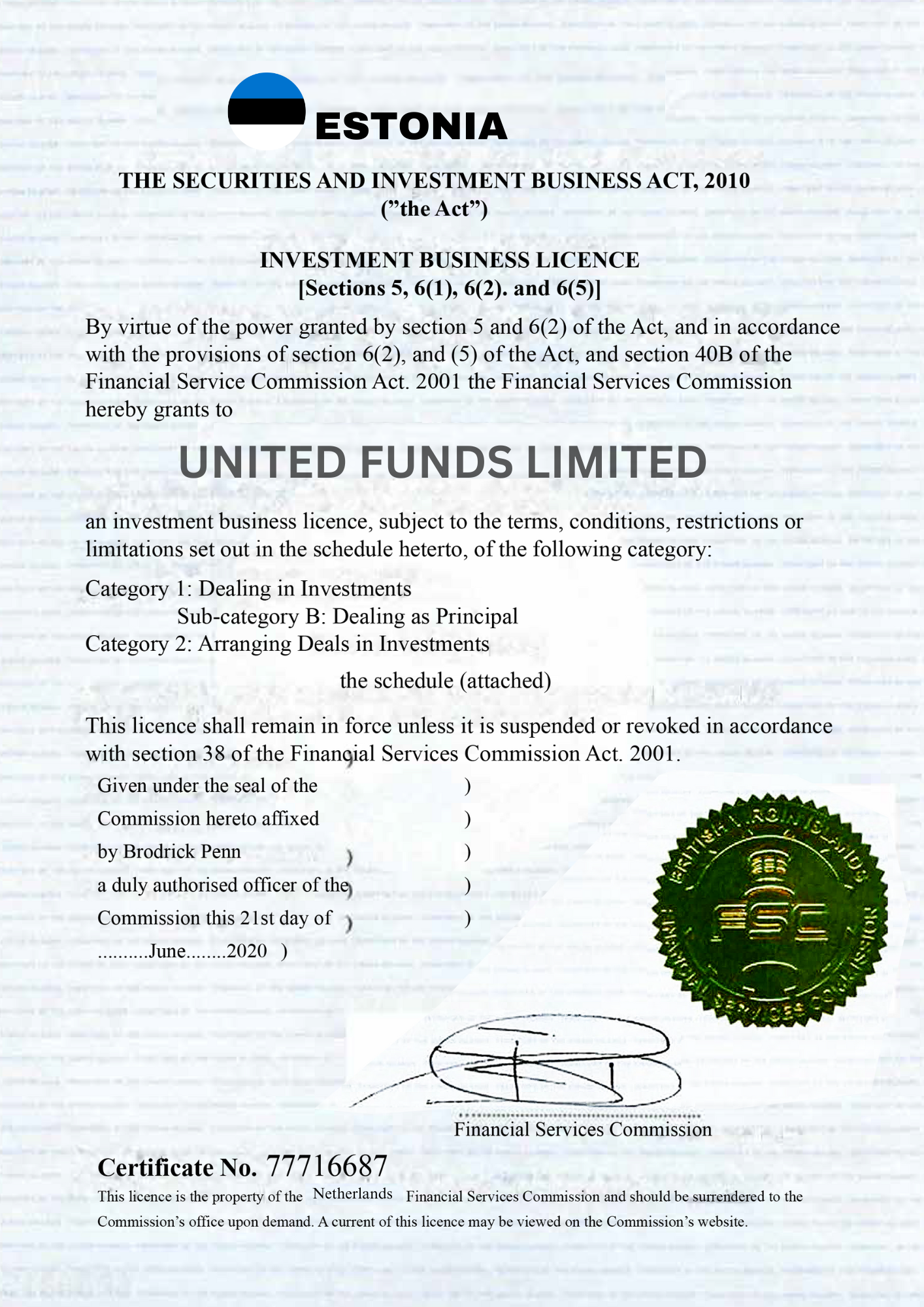 Investment Firm License Certificate